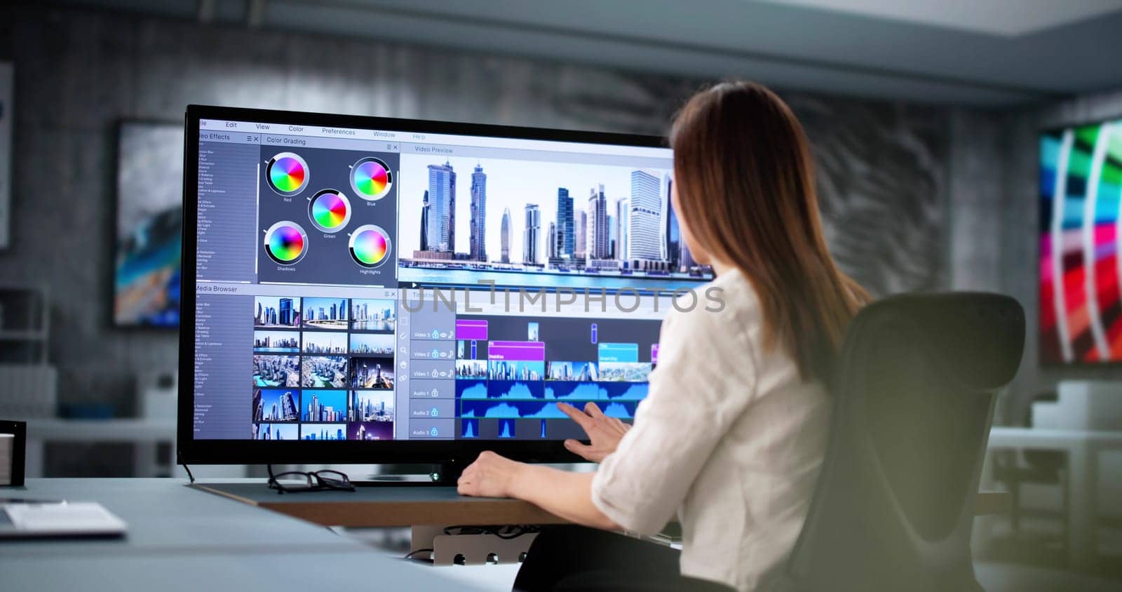 Busy Graphic Designer Creating Custom Logos On Powerful Computer.