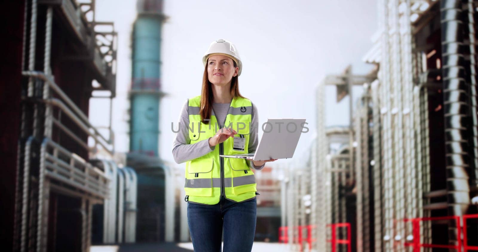 Inspecting pipelines for safety compliance at industrial factory job site.