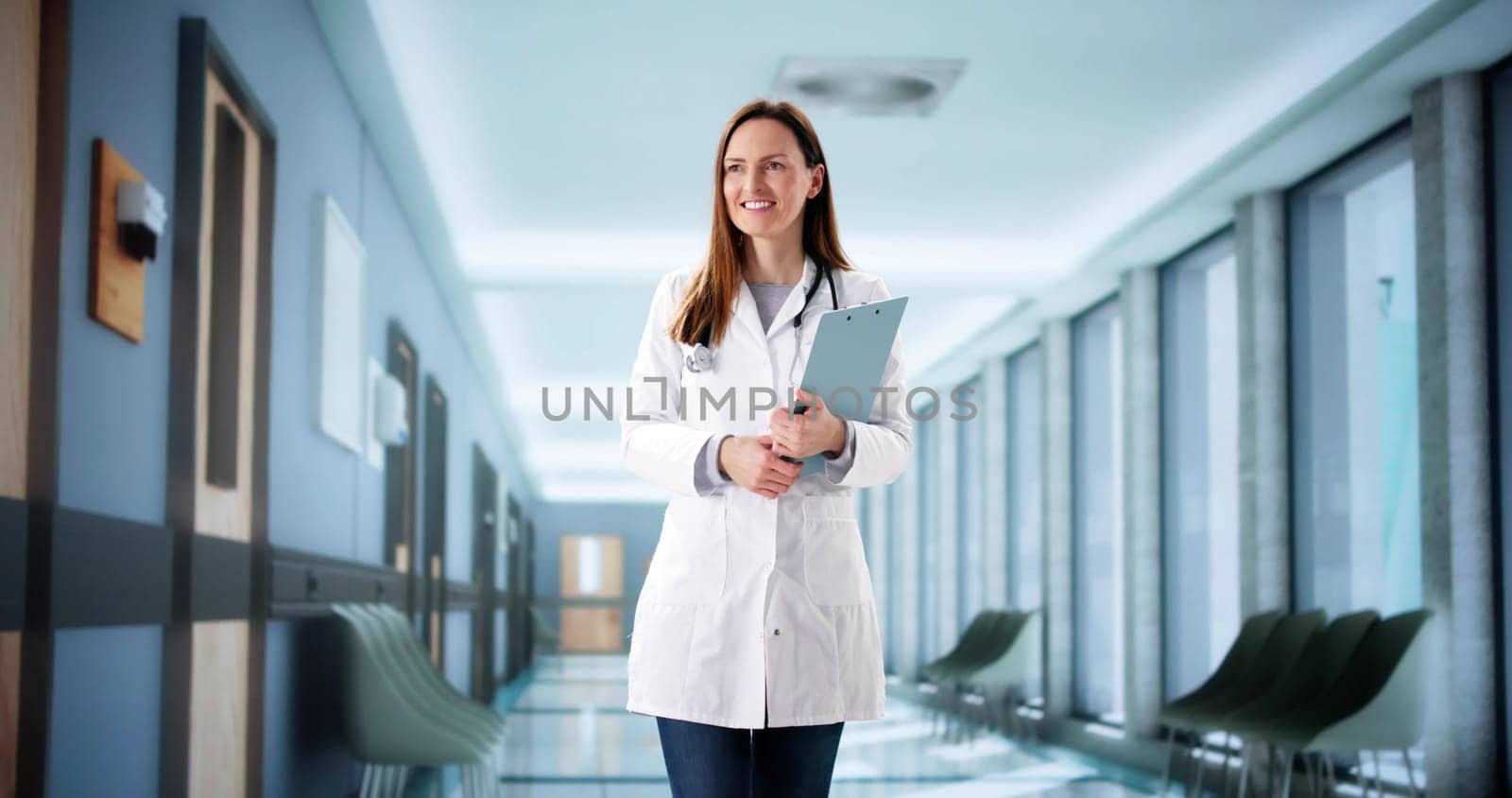 Female surgeon consulting with staff in hospital corridor, using digital tablet.