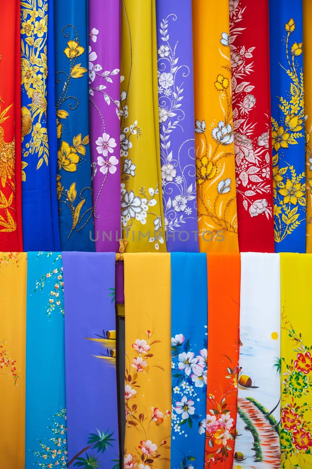 colorful silk scarves on the Asian market in Vietnam
