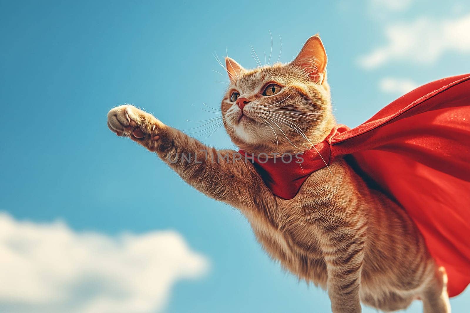 Superhero cat in red cape flies with outstretched paw in blue sky