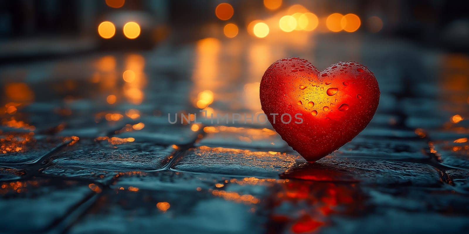 A red heart, glistening with raindrops, sits on a wet cobblestone street at night. City lights reflect in the water, symbolizing love amidst urban life.