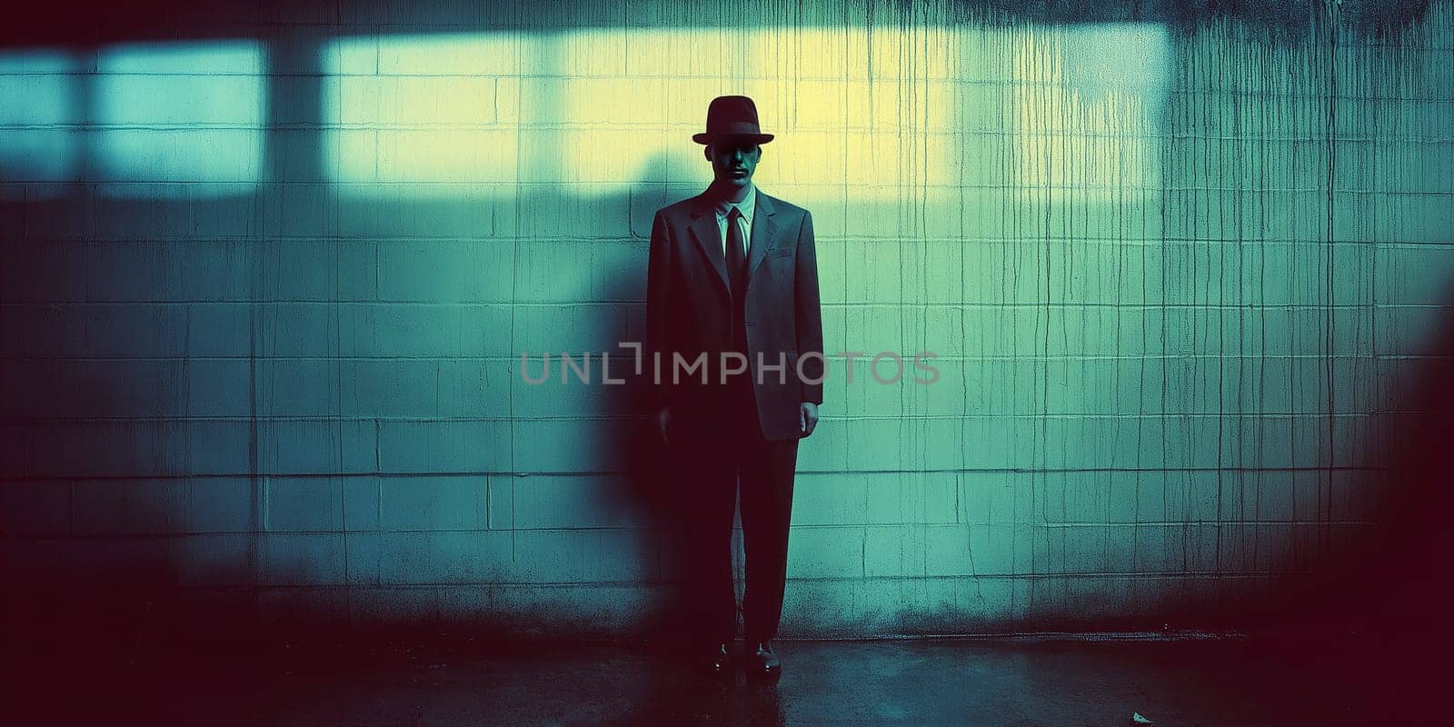 A man in a suit and hat stands against a weathered wall. Mysterious, perhaps a detective or a figure of intrigue. The lighting and drips suggest a hidden, perhaps dangerous, situation.