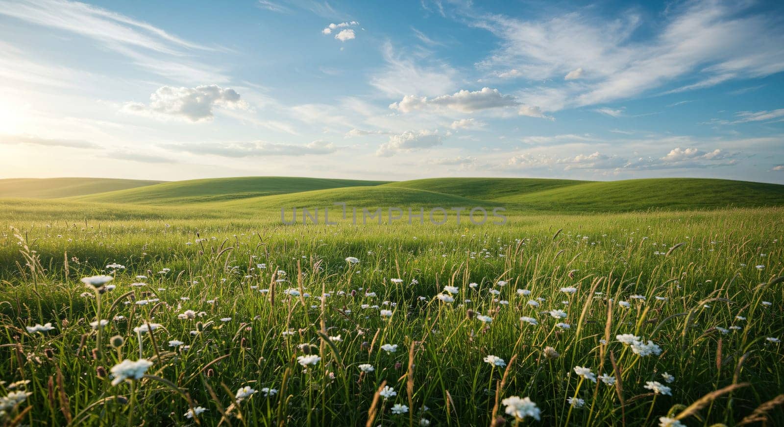Peaceful Green Hills. A tranquil landscape of green hills and blue skies, complemented by wispy clouds; ideal for any project seeking tranquility and natural beauty.