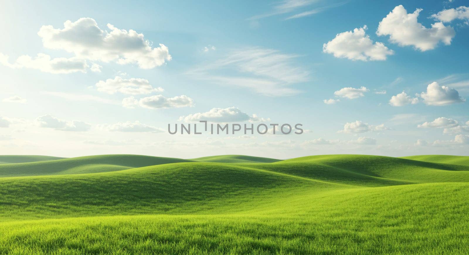 Peaceful Green Hills. A tranquil landscape of green hills and blue skies, complemented by wispy clouds; ideal for any project seeking tranquility and natural beauty.