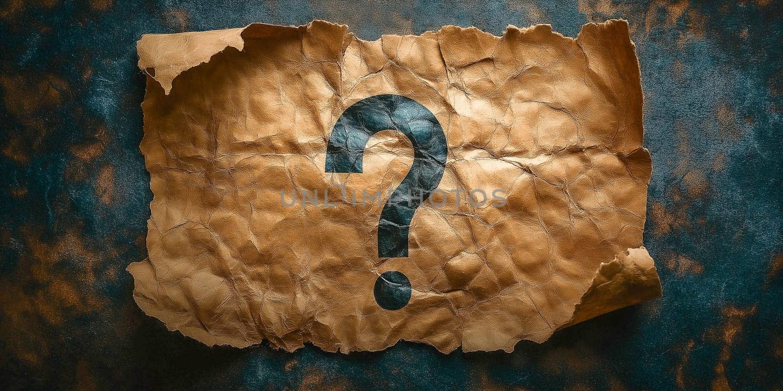 Torn parchment paper, a question mark, signifies uncertainty. The unknown lingers.