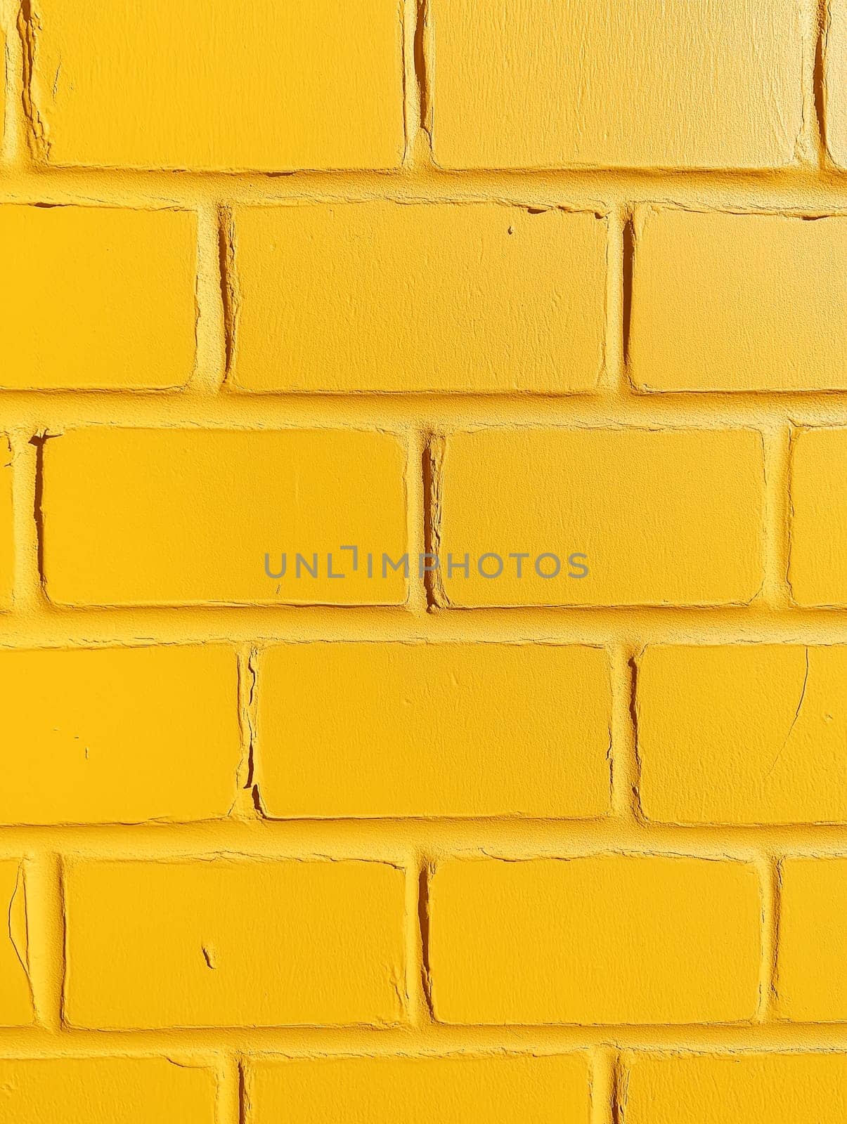 Close-up of a painted yellow brick wall. No people are present. The vibrant color and visible mortar lines create a textured surface.