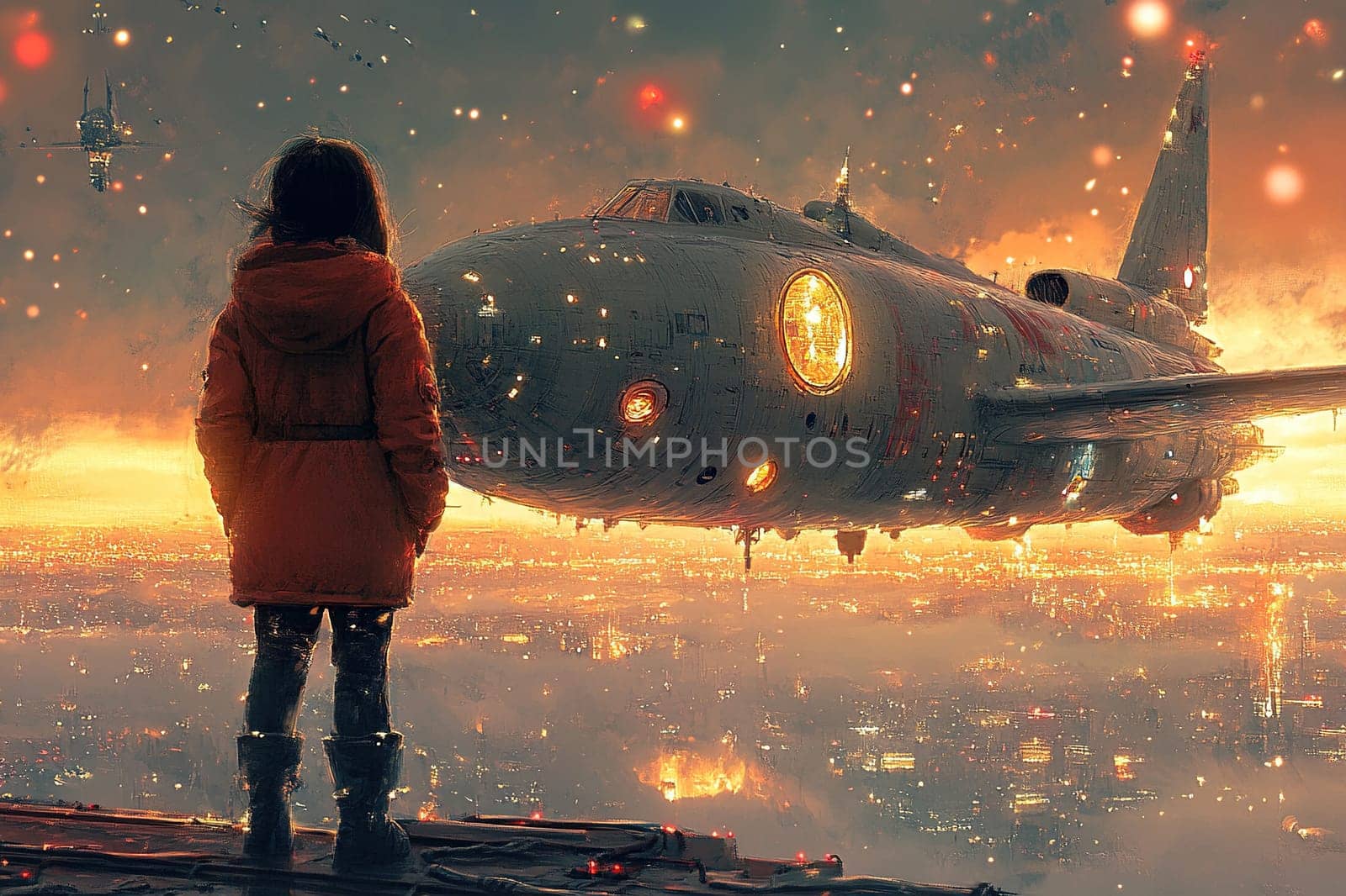 Retro futuristic spaceship. Girl watches the flight of the aircraft. Cyberpunk style