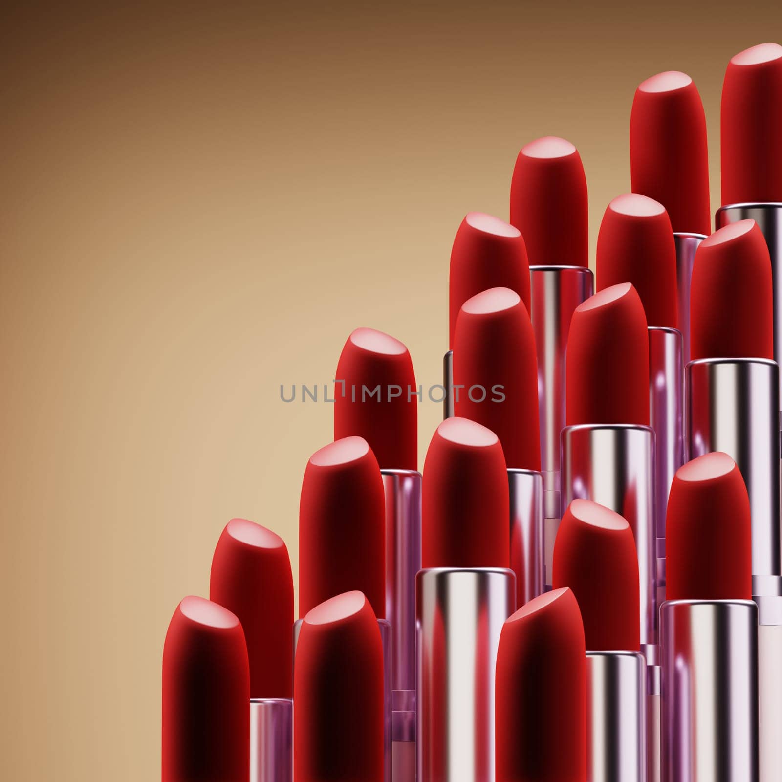 Lipsticks Red Colors In Row, 3D illustration Background for advertising and wallpaper in beauty and fashion scene. 3D rendering in decorative concept.
