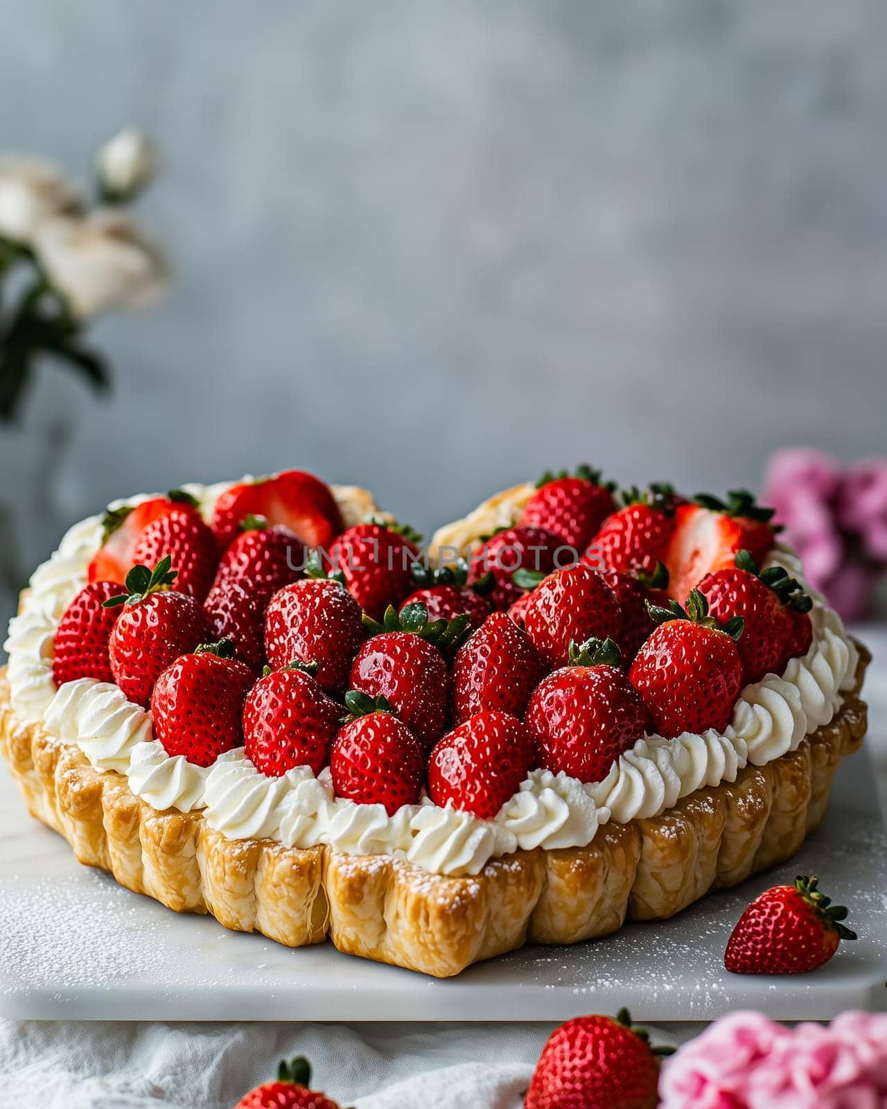 Heart shaped strawberry tart with whipped cream filling, perfect for valentine's day or any romantic occasion.