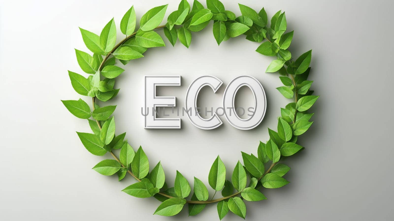 Green leaves forming a circle around white 3d text spelling eco promoting environmental awareness
