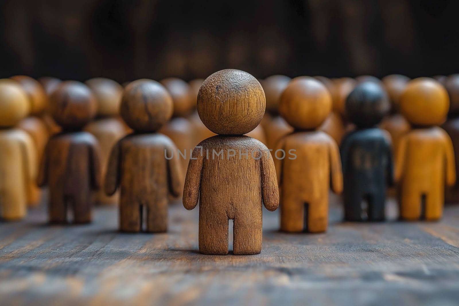 Wooden figurines, various shades, represent a diverse group. One stands out, focused, while others blur, highlighting individuality within a crowd. The image symbolizes unity in diversity.