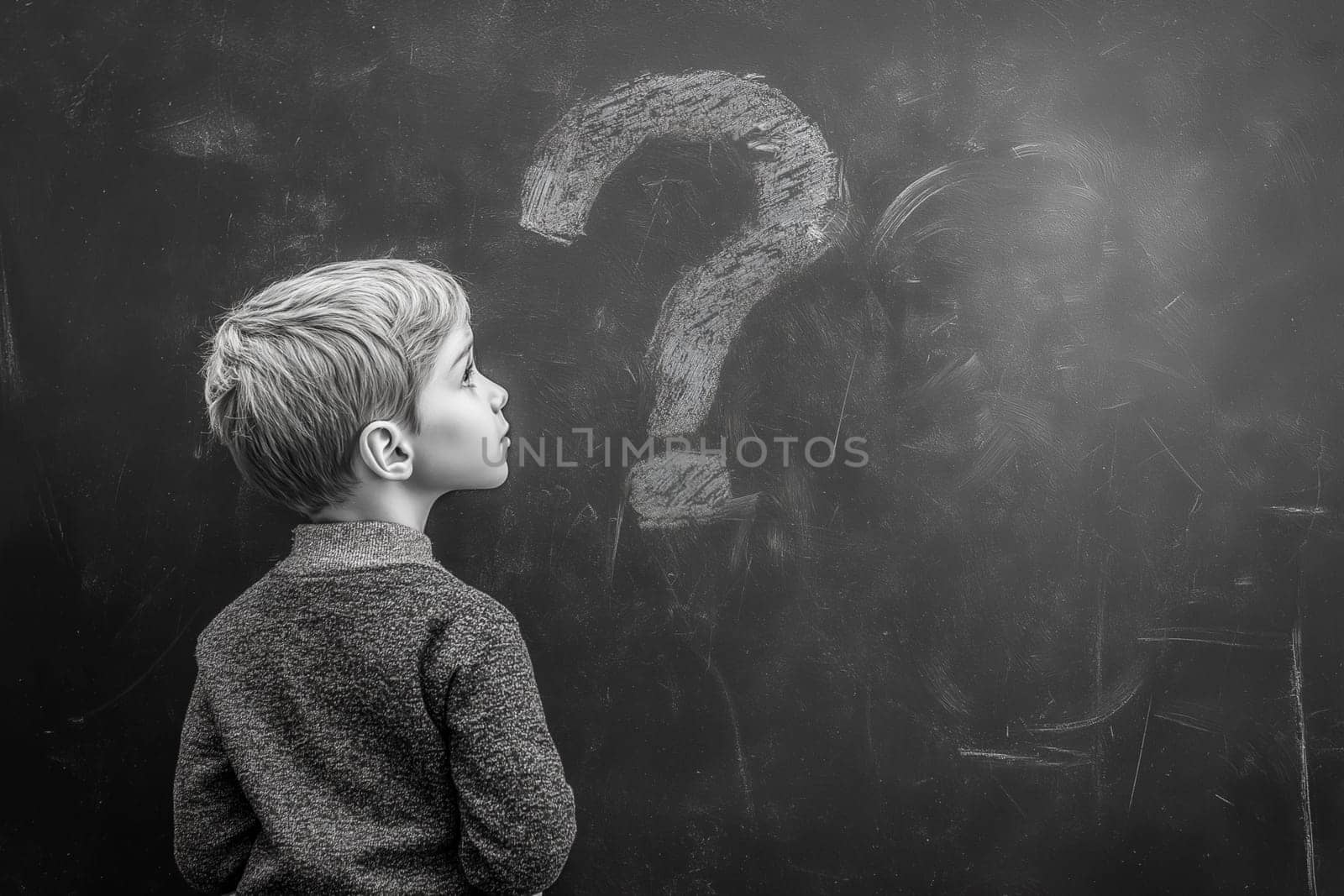 A young boy, thoughtful, gazes at a question mark drawn on a chalkboard. He's pondering a question, perhaps in class.