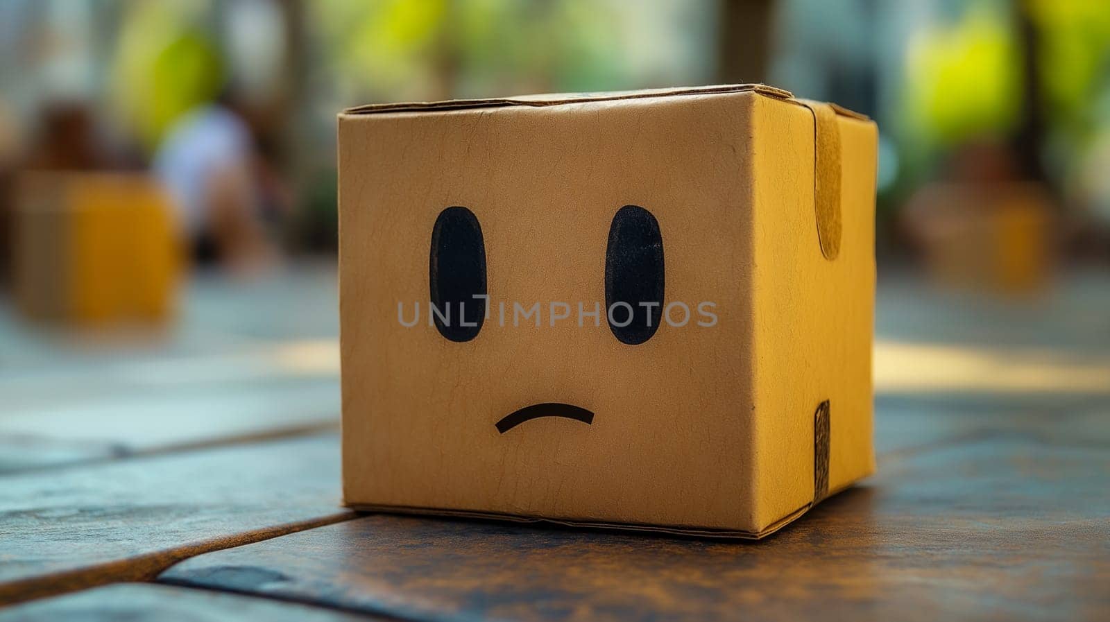A cardboard box, drawn with a sad face, sits on a table. Perhaps a delivery or a shipment went wrong.