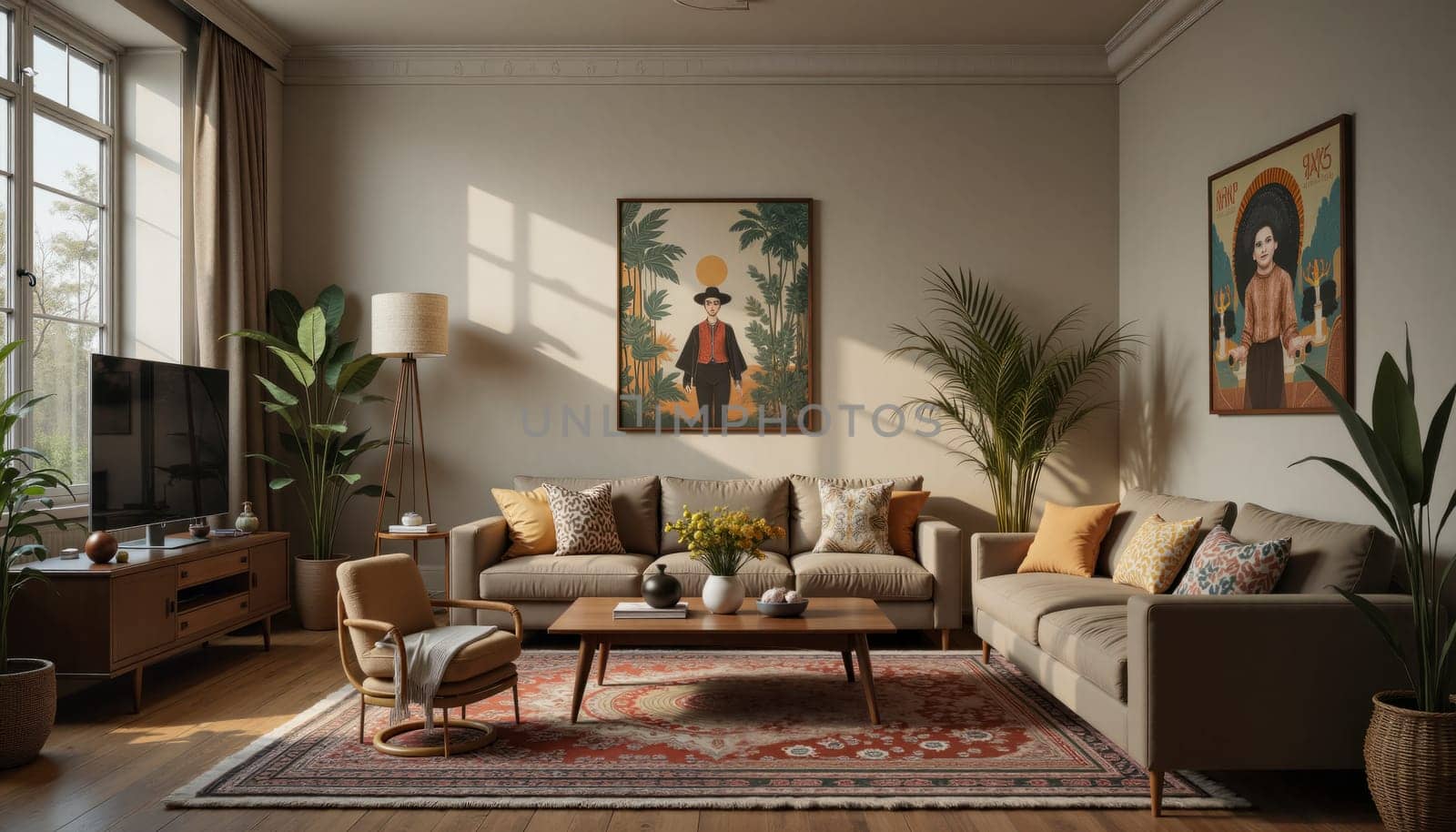 A living room with a large rug, a coffee table, and a couch. The room is decorated with a few potted plants and a vase. The atmosphere is cozy and inviting