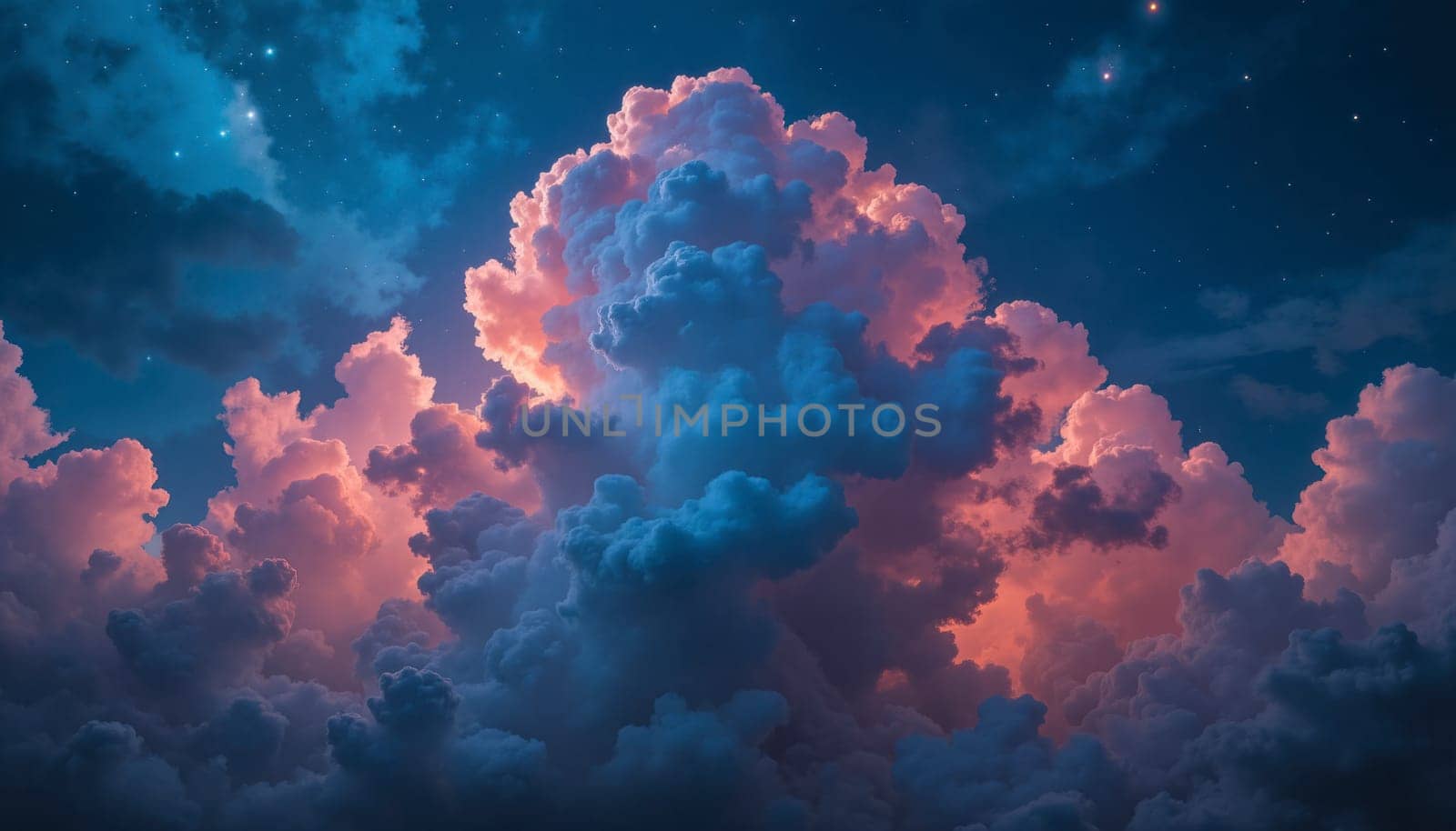 The sky is filled with clouds and stars. The clouds are pink and blue, and the stars are scattered throughout the sky. The image has a dreamy, peaceful, and serene mood