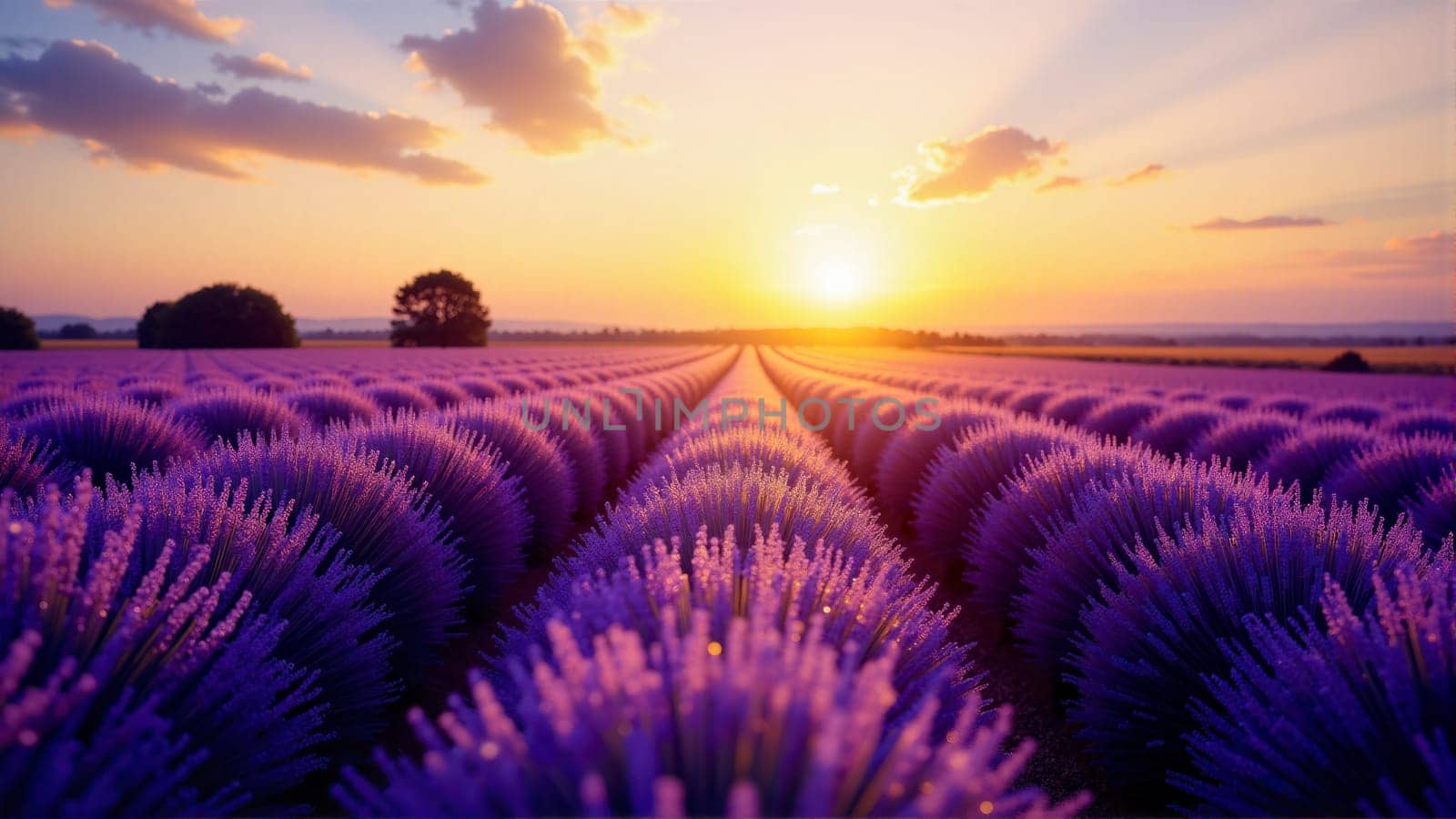 A field of lavender with the sun setting in the background. The sun is setting behind the lavender, creating a warm and peaceful atmosphere