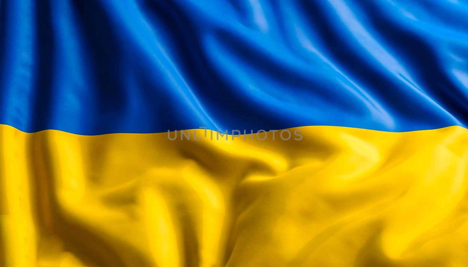 Close up of the Ukraine flag on a ruffled mesh fabric. Curves and folds of the satin fabric with texture. Selective focus and depth of field. Democracy and politics.