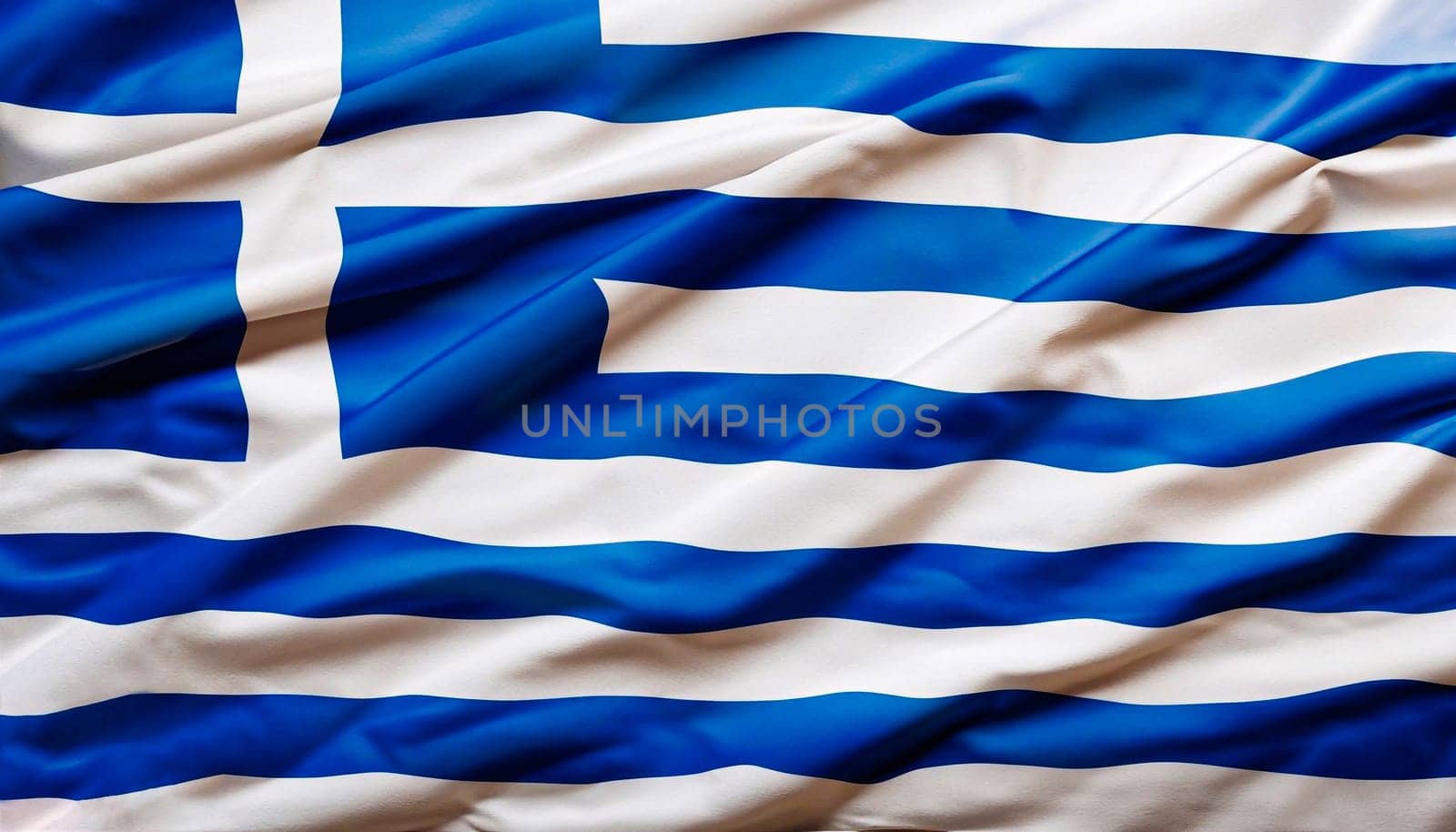 Fabric texture flag of Greece. Flag of Greece waving in the wind. Greece flag is depicted on a sports cloth fabric with many folds. Sport team banner.