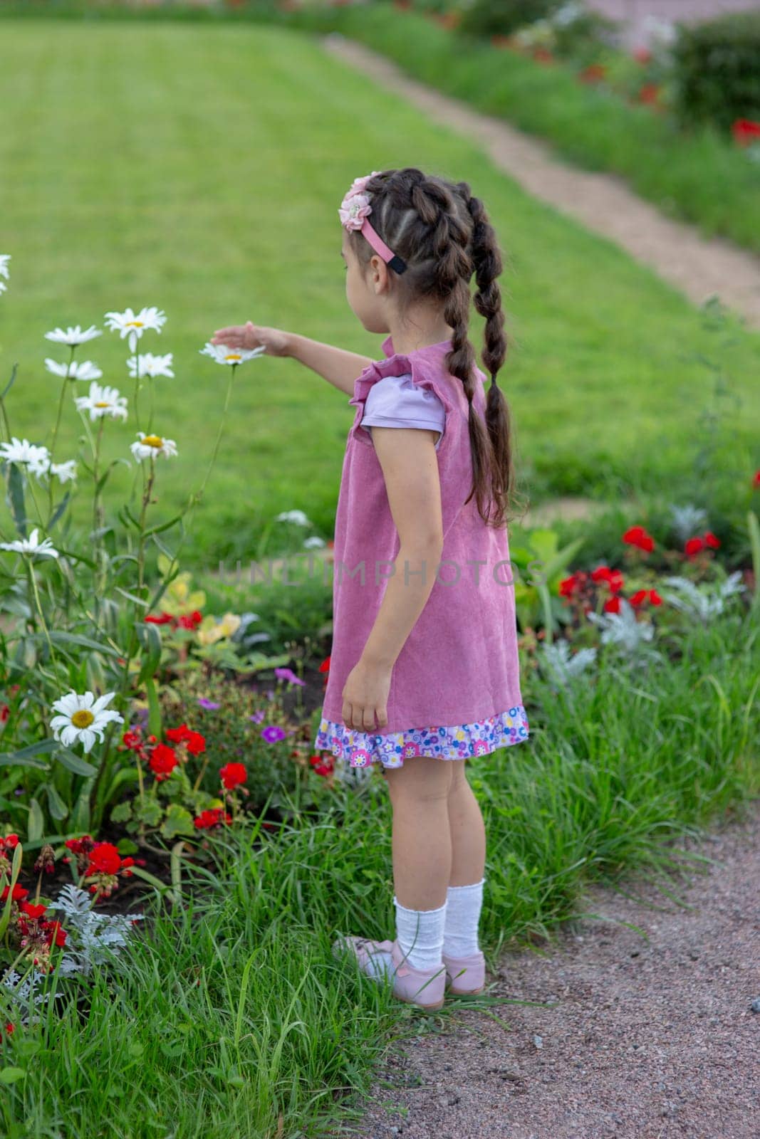 Young caucasian female child in garden with flowers wearing pink dress.