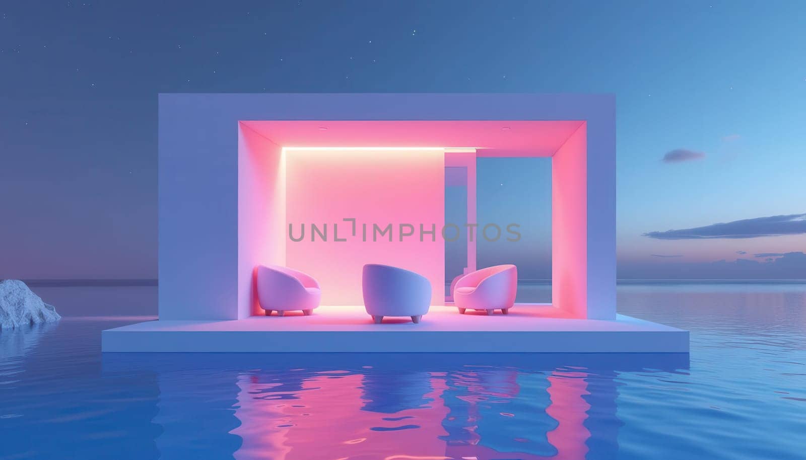 Modern floating pavilion at sunset over calm water, illuminated by warm ambient light under a starry sky. Generated AI.