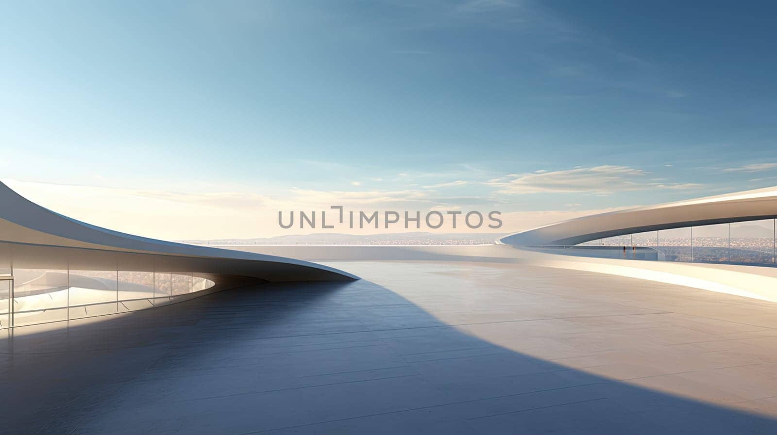 Abstract architecture scene with smooth curves. Abstract background with futuristic building in white and blue colors. Generated AI