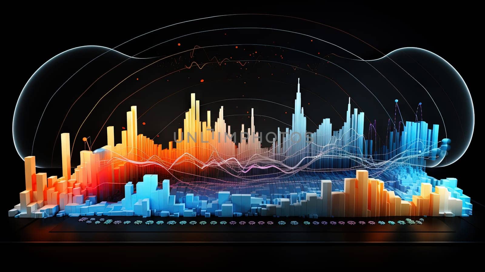 Colorful graph and chart with mountain shaped bars. Generated AI