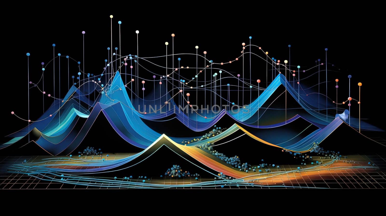 Colorful finance graph and chart with mountain shaped bars. Generated AI