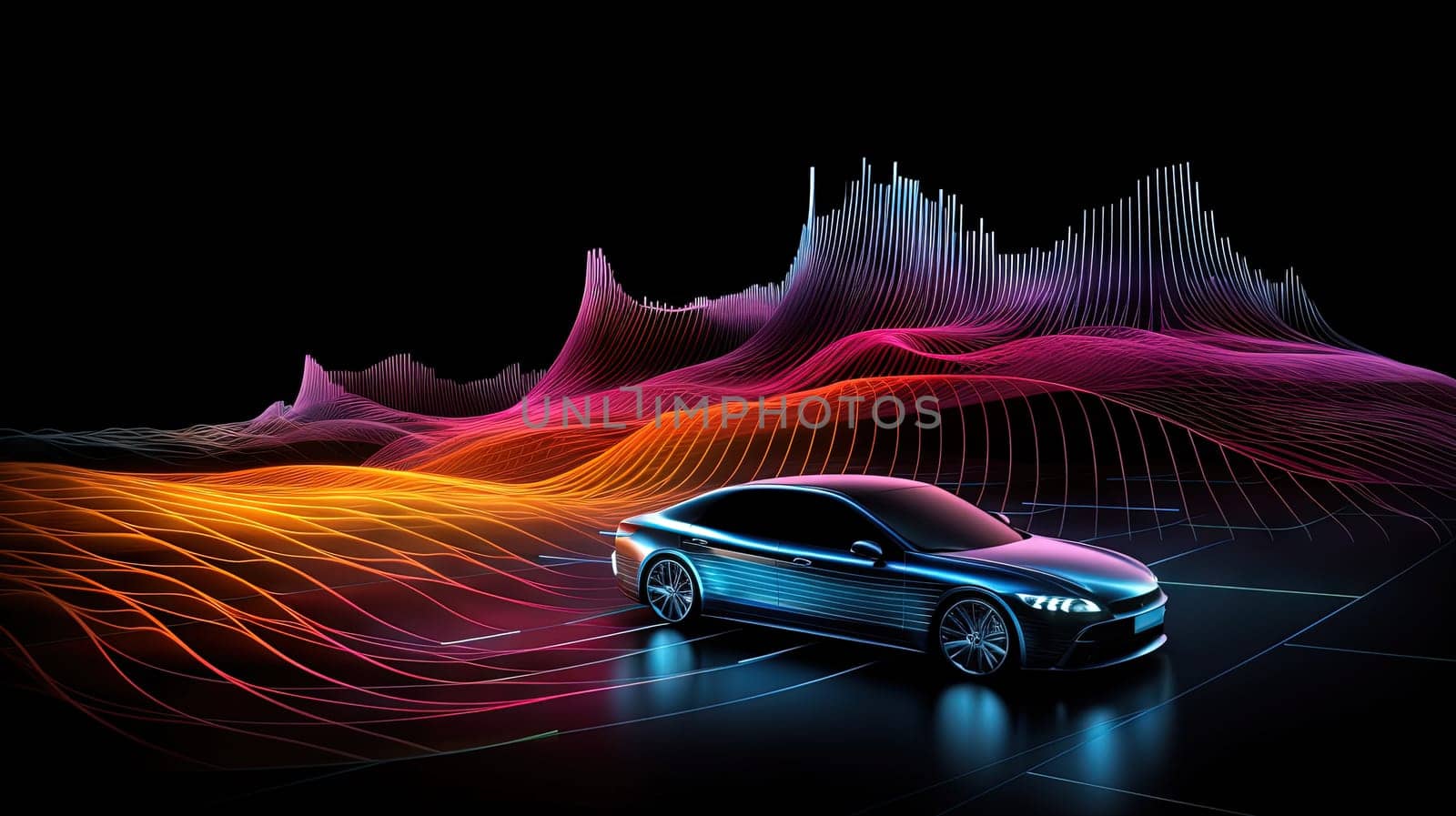 Self-driving auto technology concept with car surrounded with radar waves. Generated AI