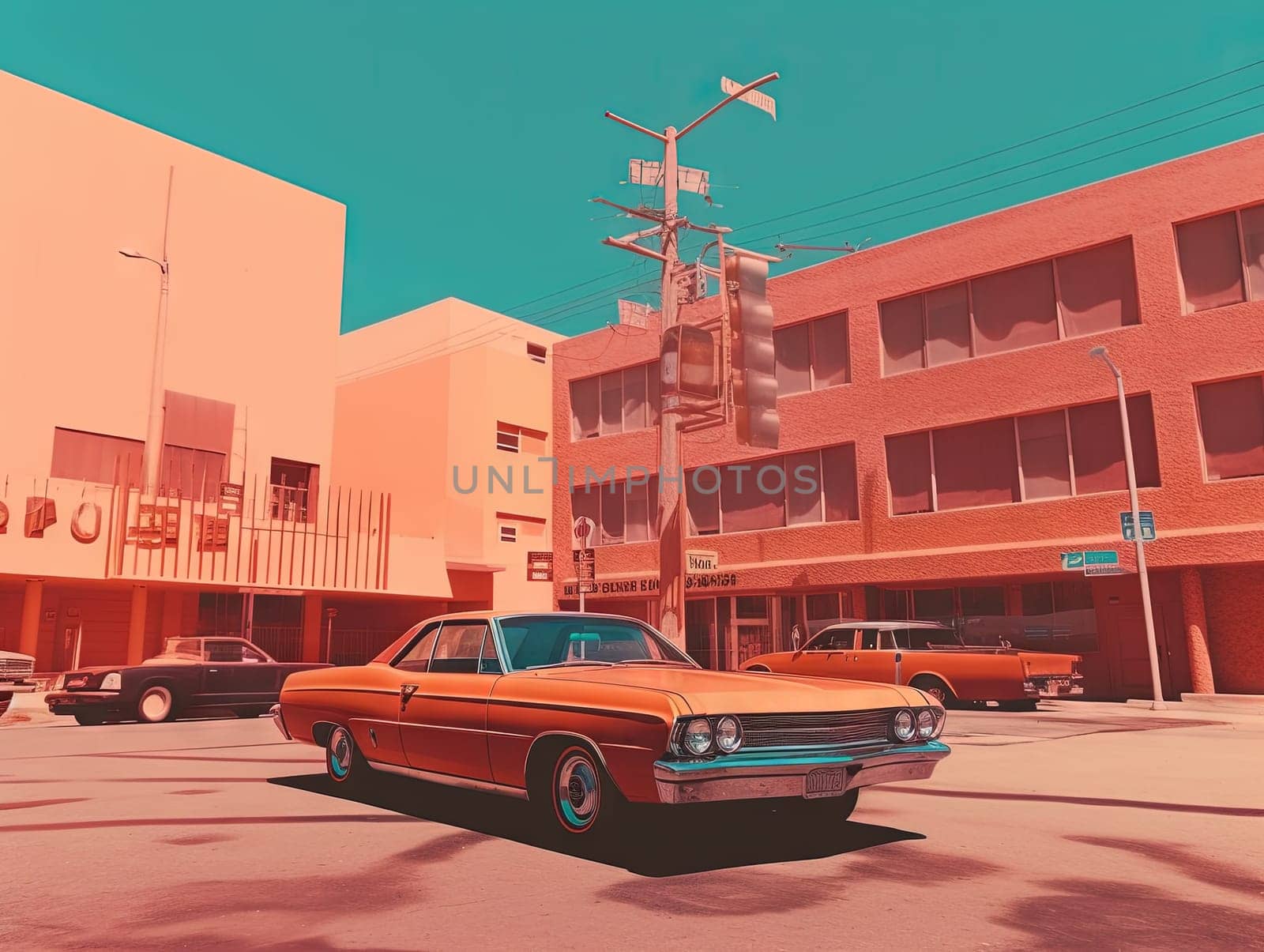 Retro car is parked in front of a large building. Red toned illustration of summer hot scene with car. Generated AI.