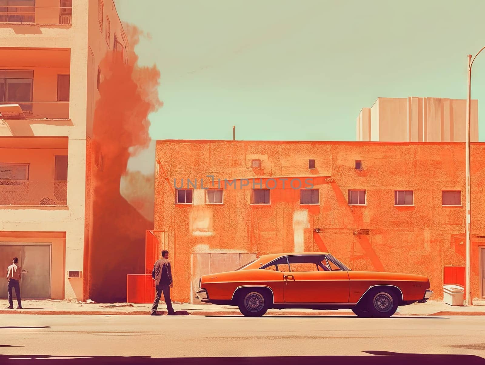 Retro car is parked in front of a large building. Red toned illustration of summer hot scene with car. Generated AI.