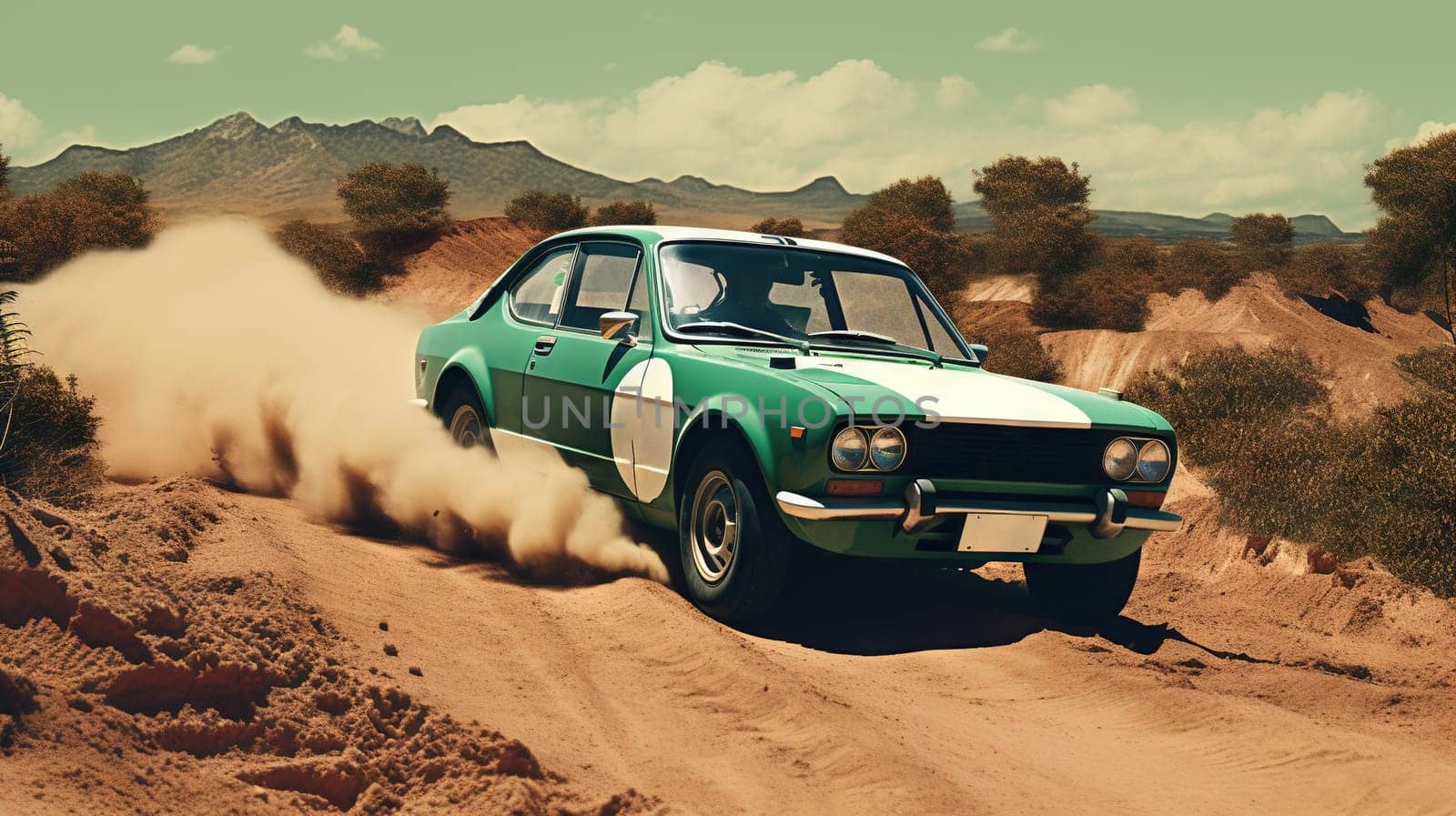 Vintage rally car splashing the dirt in retro 70s styled scene. Generated AI
