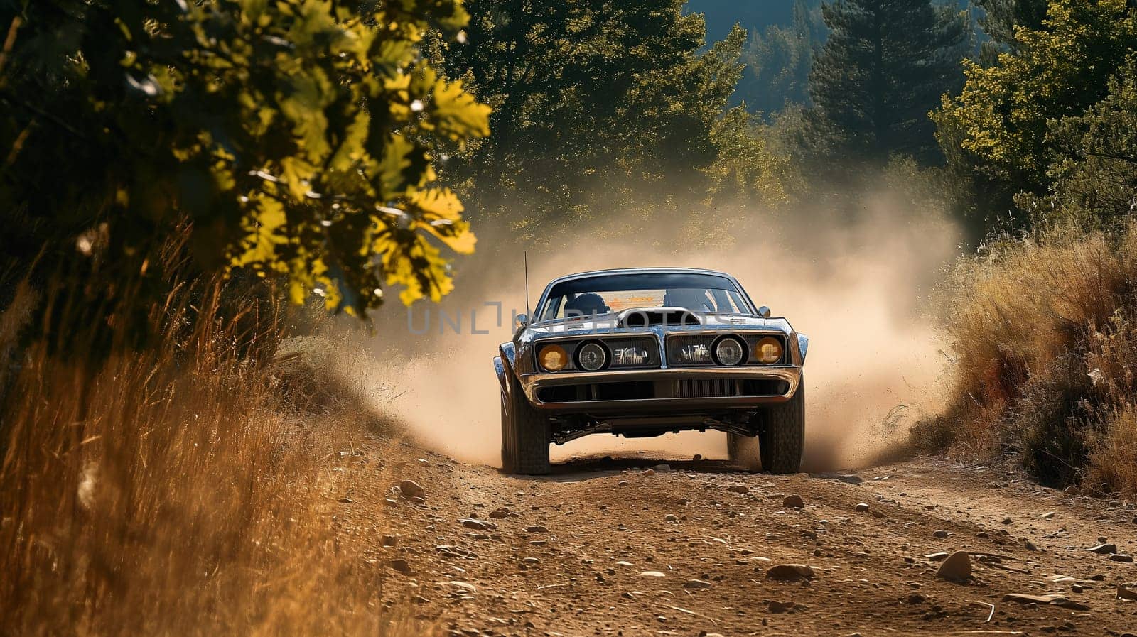Old rally car on the road, splashing the dirt in racing scene in the forest. Generated AI.