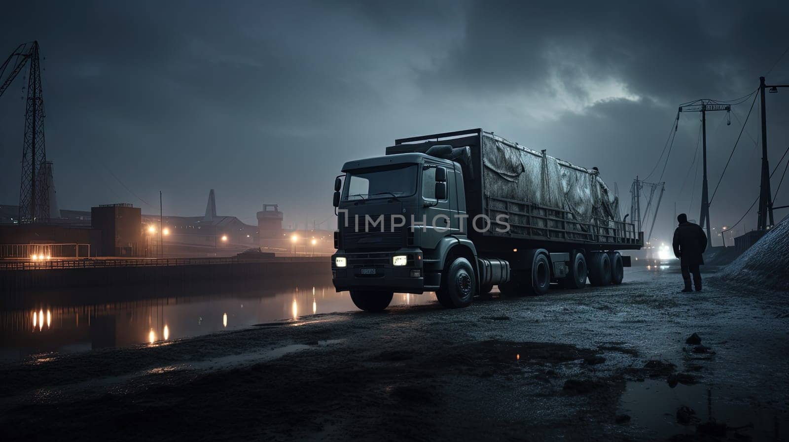 Cargo truck driving in the night or sundown. Transportation industry scene with long haul car. Generated AI