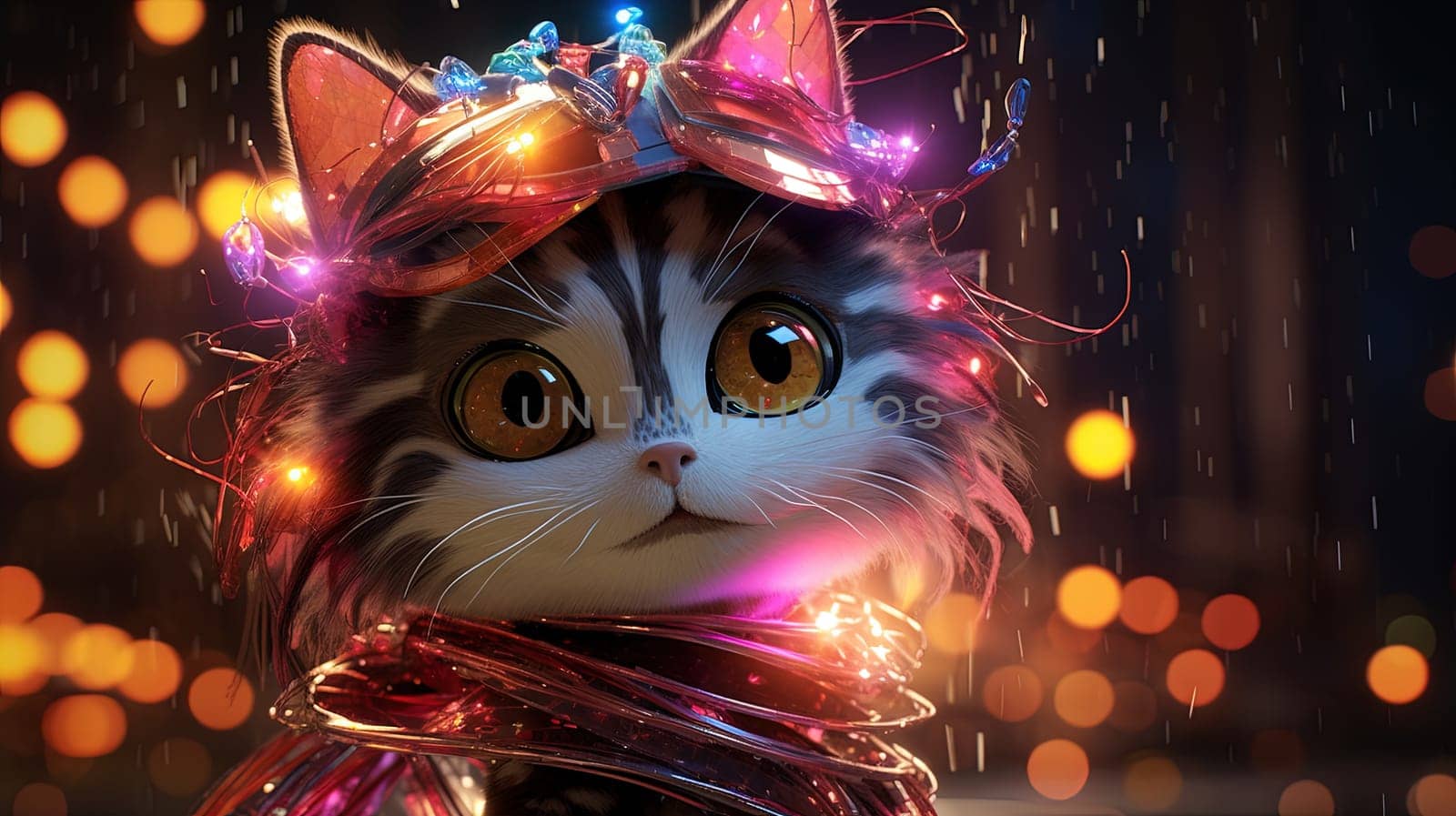 Party cat in neon colors. Funny kitten with holographic hat in 90s style neon lights. Generated AI.
