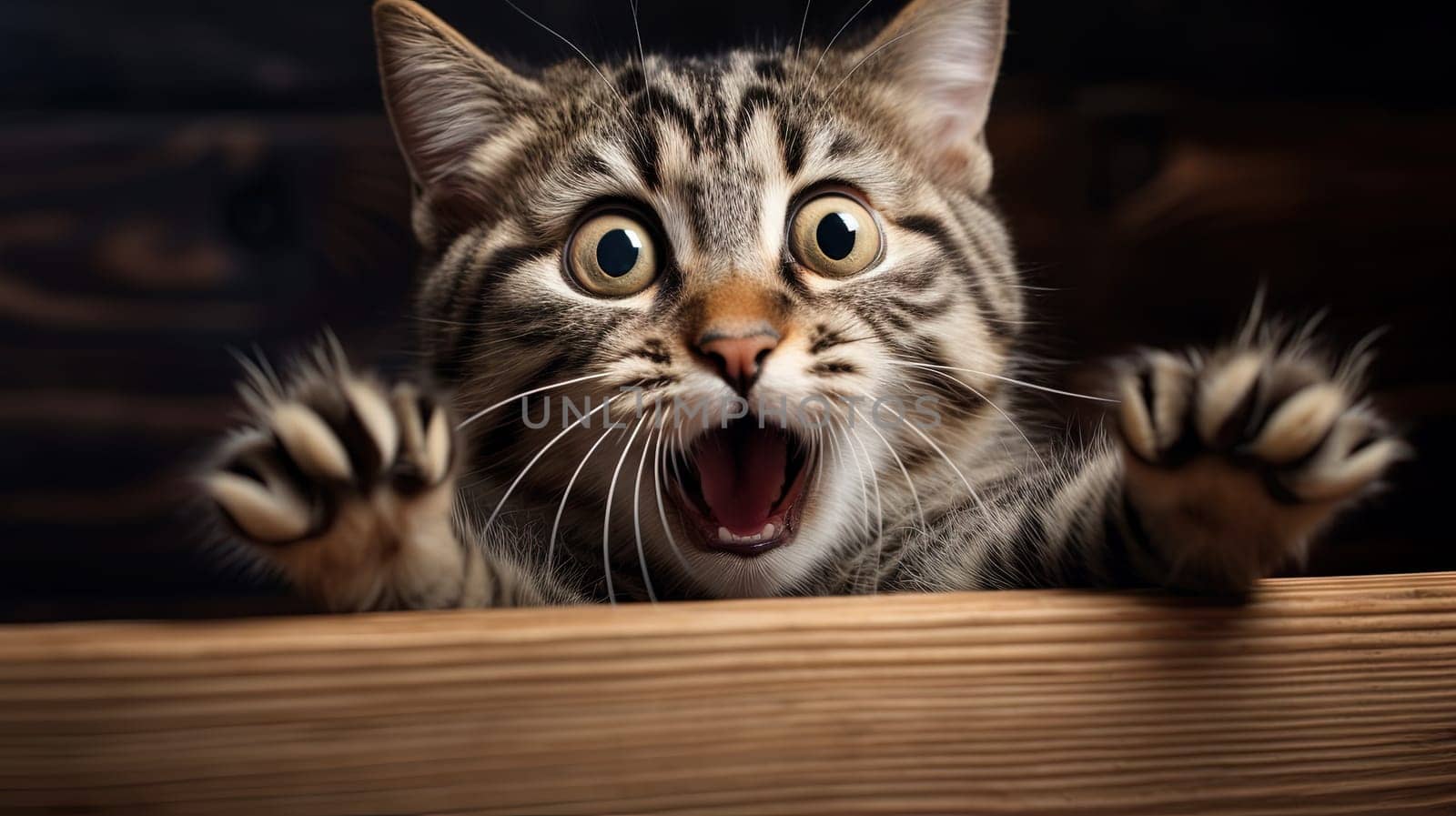 Funny cat with surprised face expression. A cute kitten asks in surprise where the treats are. Generated AI
