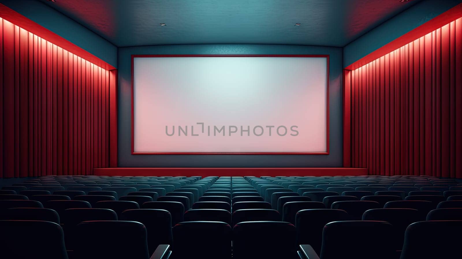 Cinema interior with seats and white screen. Movie theater room with chairs. Generated AI