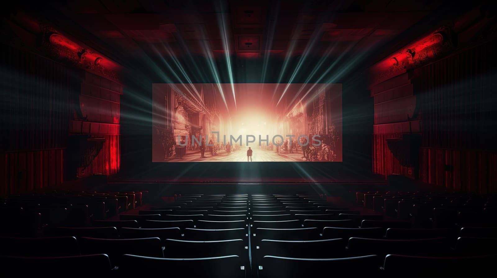 Cinema theater with movie scene on wide screen and empty chairs in the cinema hall. Generated AI.
