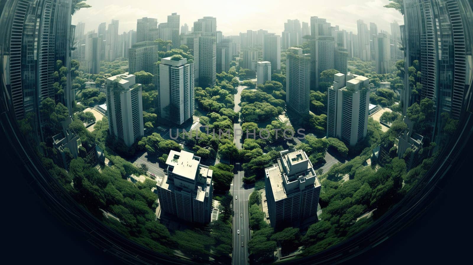 Retro futuristic cityscape flooded with green plants. Green technology. Environmental technology concept. Sustainable development goals. Generated AI.