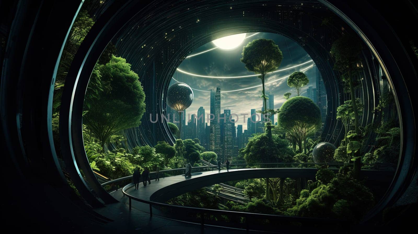 Retro futuristic cityscape flooded with green plants. Green technology. Environmental technology concept. Sustainable development goals. Generated AI.