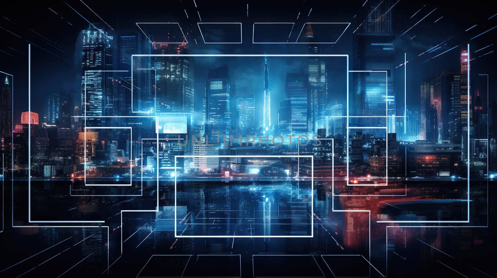 Neon technology city business concept with skyscraper buildings and virtual network connection. Generated AI