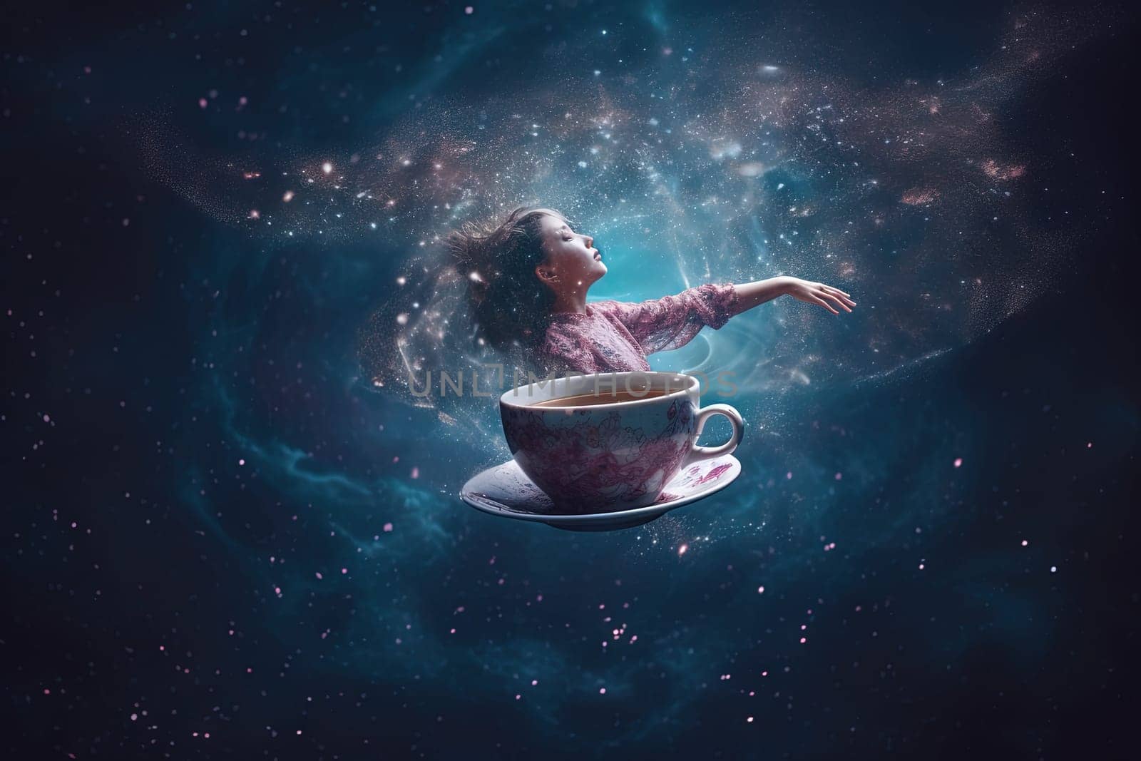 Woman meditating with cup of coffee in clouds of arome bringing her to astral space. Generated AI