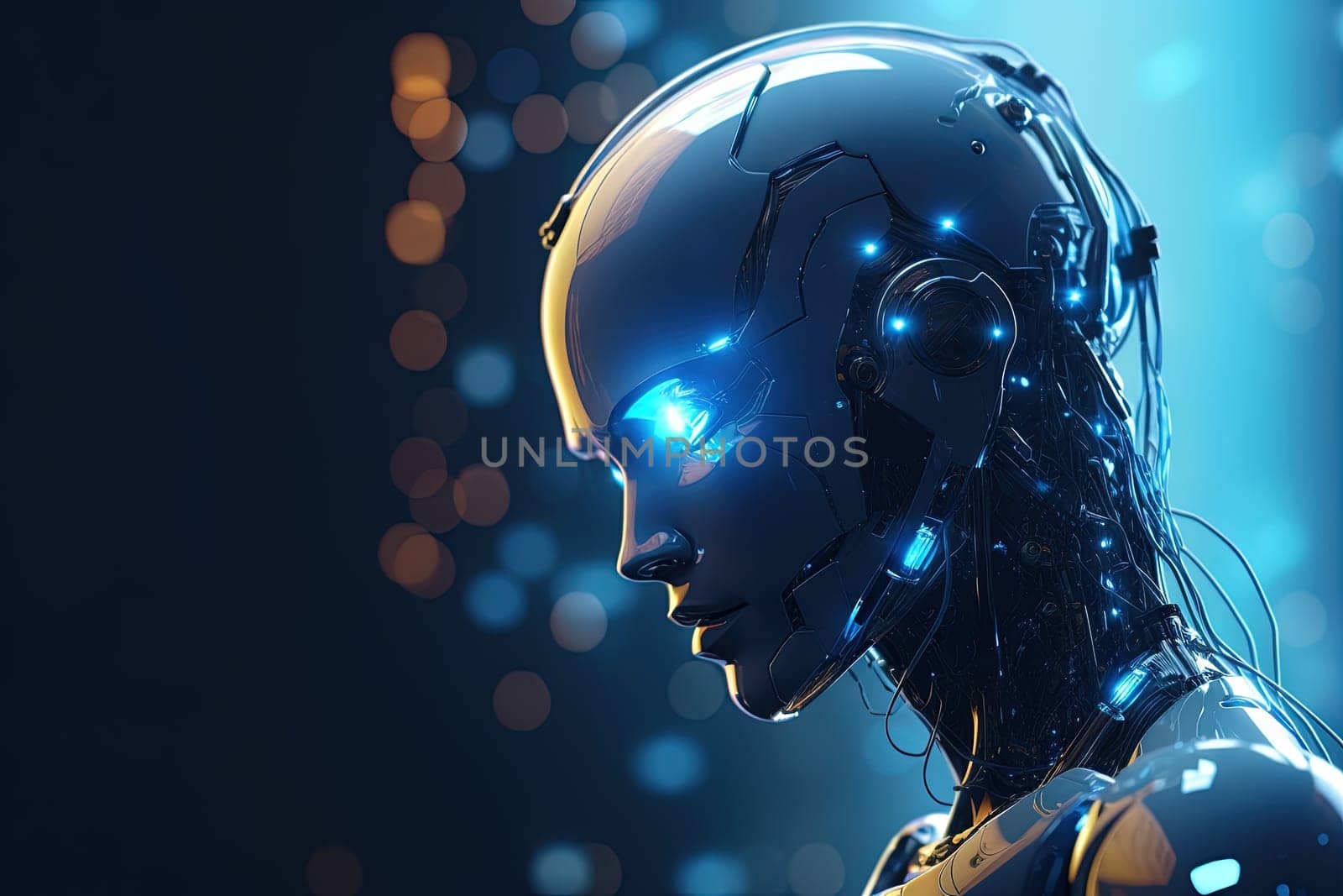 Android or cybernetic human with neon blue eyes. Sci-fi concept of futuristic cyberpunk robot. Generated AI.