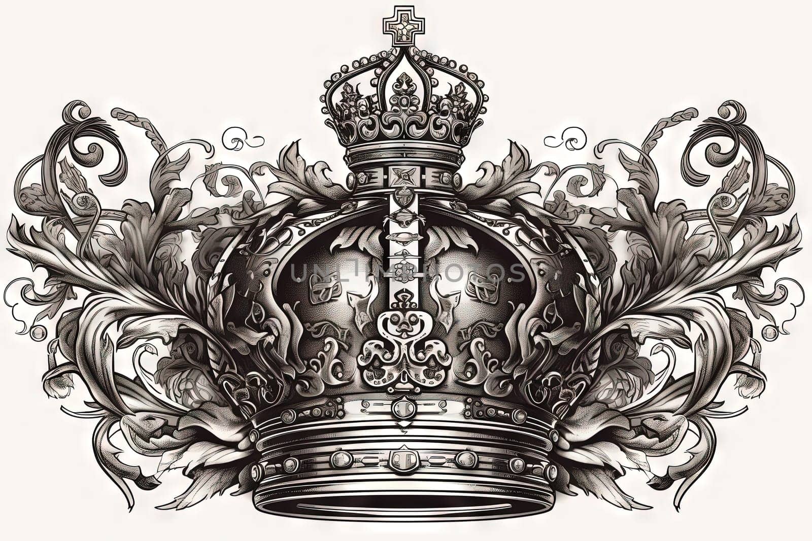 Heraldic crown element, isolated sign with retro royal ornament. Generated AI.