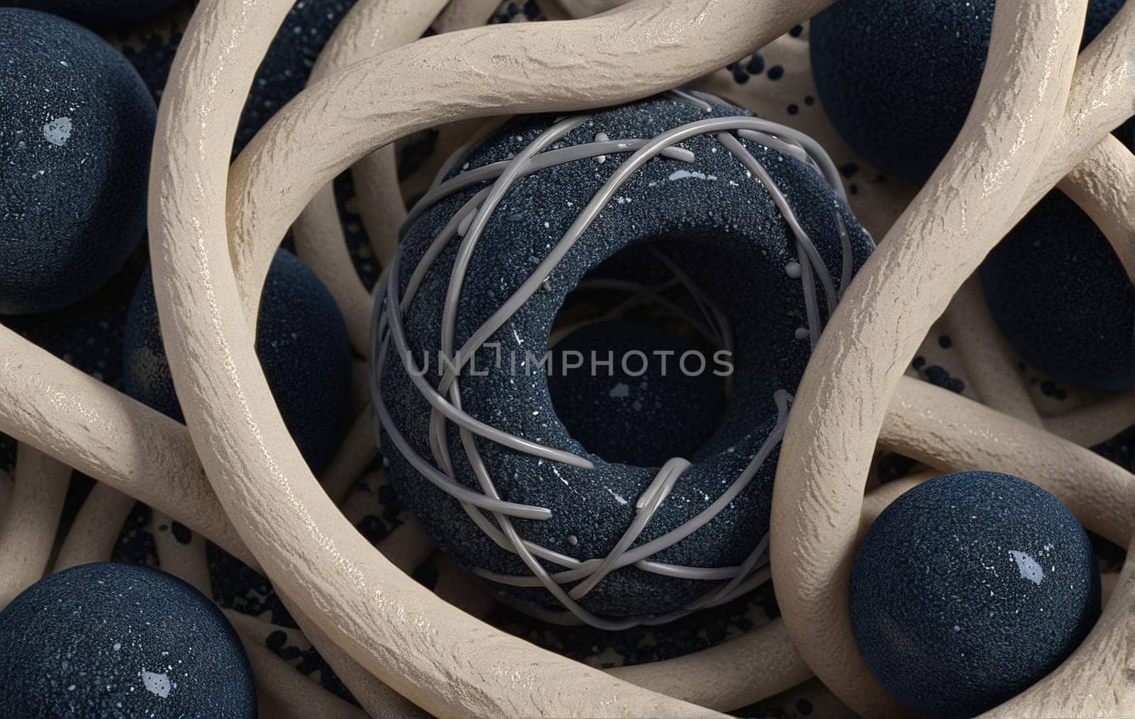 Abstract close-up of intertwined beige and blue textured elements in a complex geometric pattern. Generated AI.
