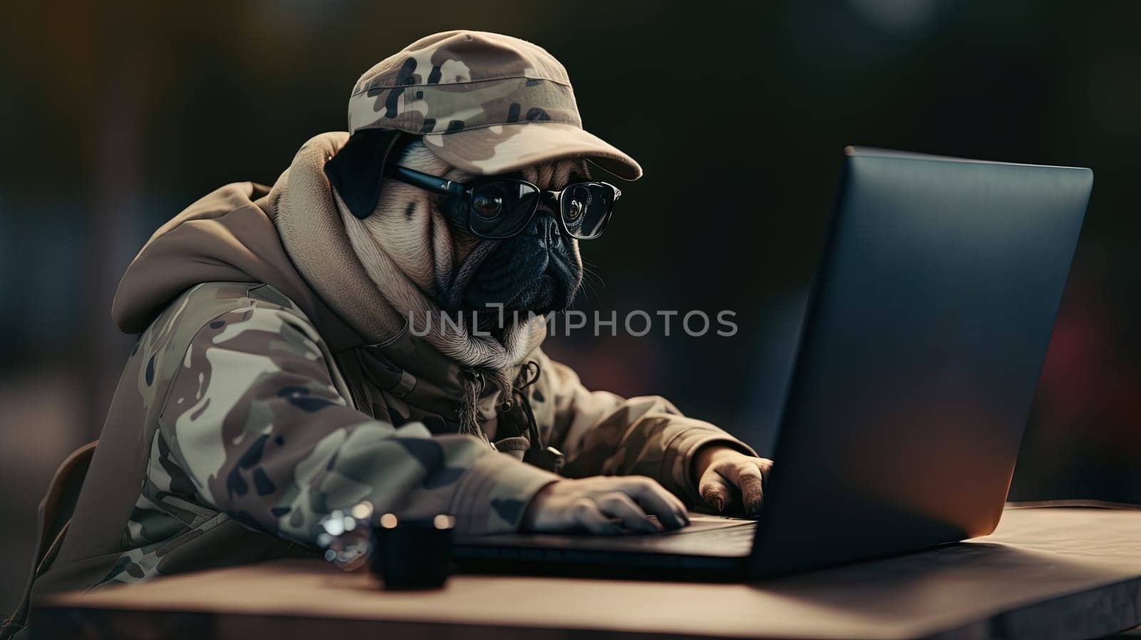Dog works with the laptop. Remote work or freelance concept with funny puppy. Generated AI