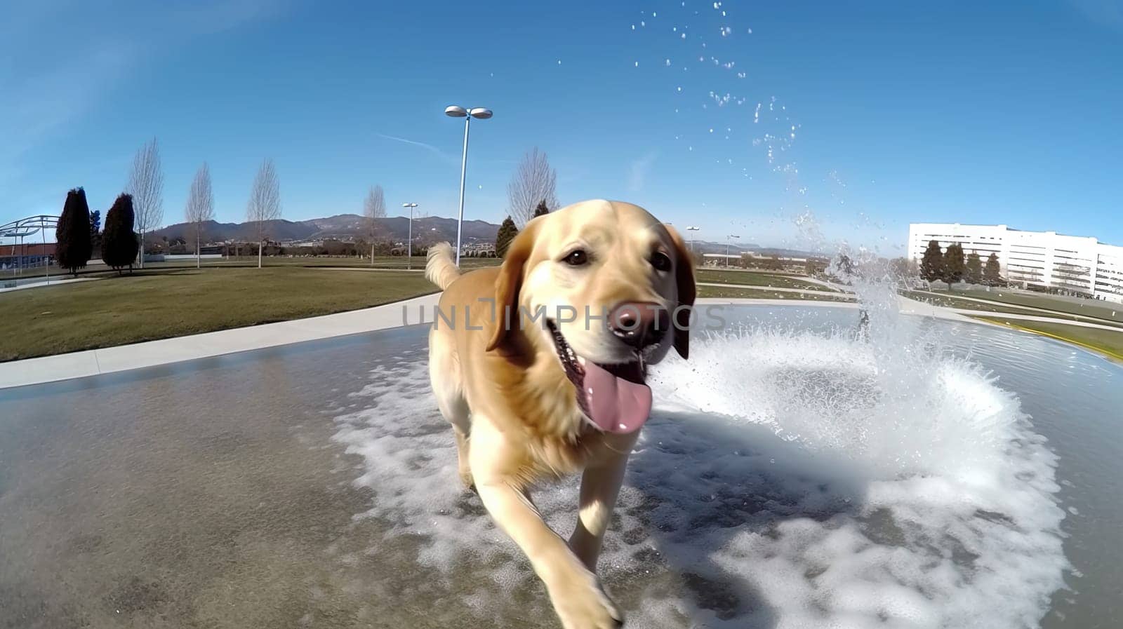 Happy playful dog having fun in the city park. Puppy playing in the fountain, shot on fisheye camera. Generated AI