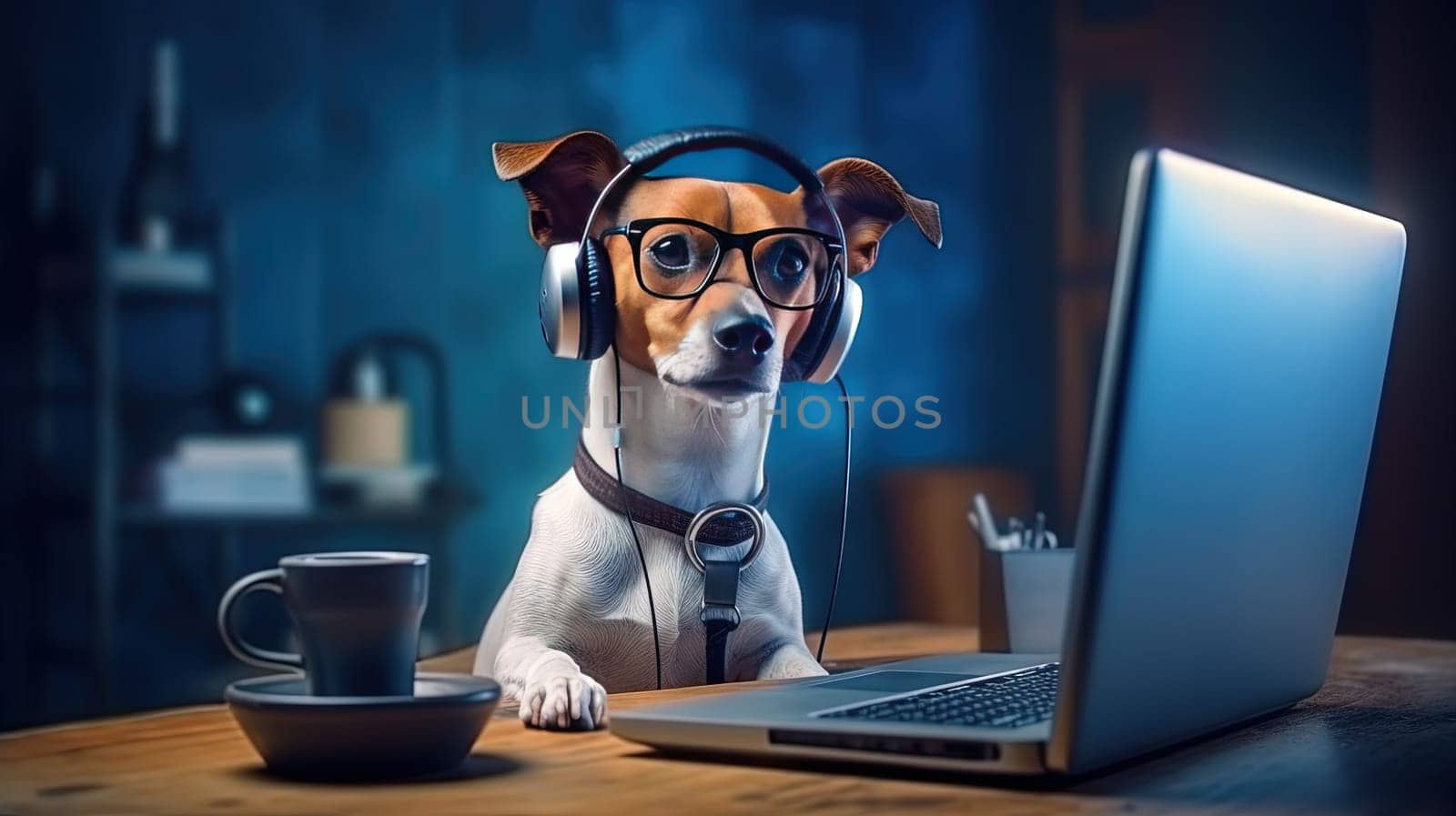 Dog works with the laptop. Remote work or freelance concept with funny puppy. Generated AI