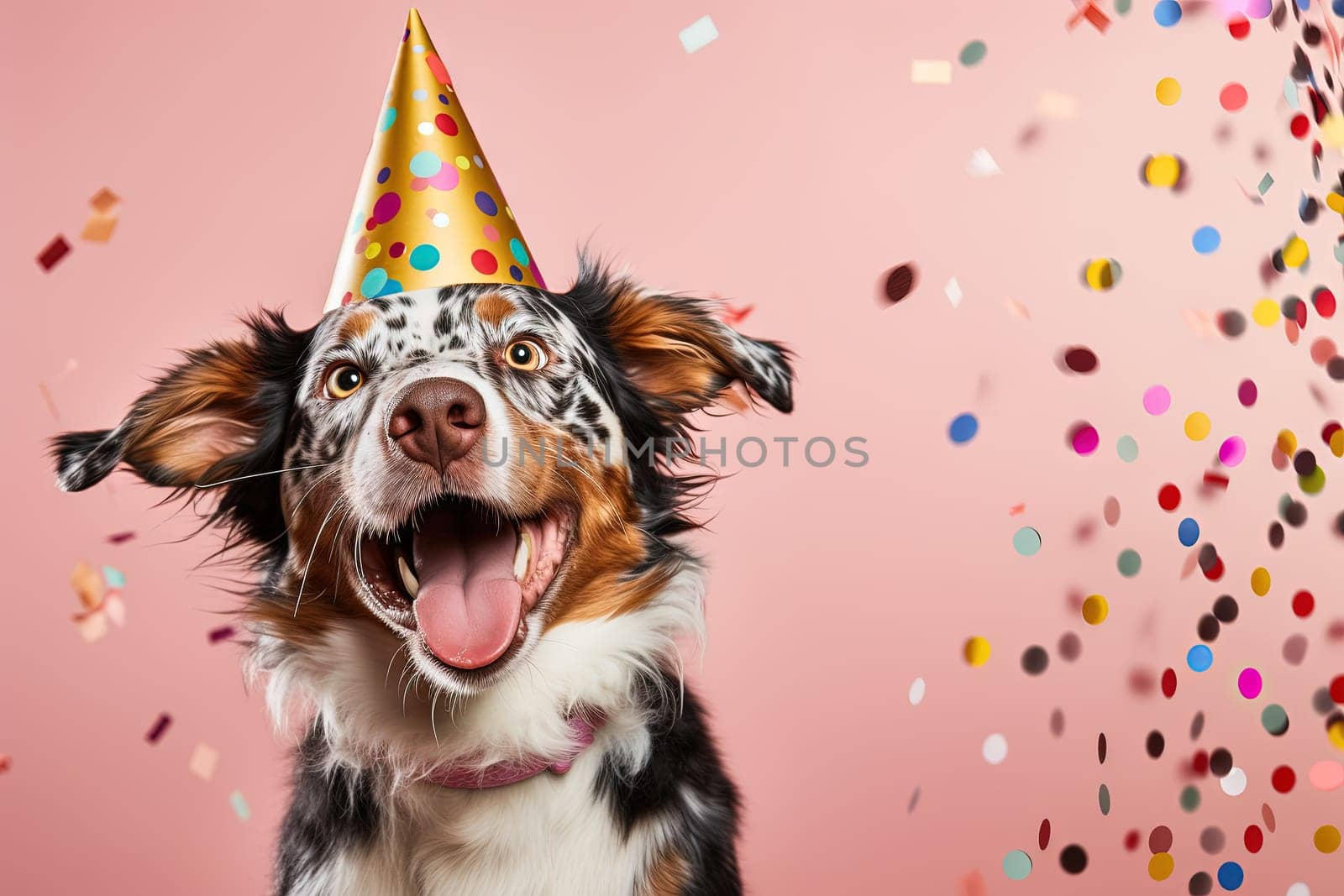 Dog celebrating birthday wearing cone hat. Happy birthday greeting card with funny puppy and copy space. Generated AI.
