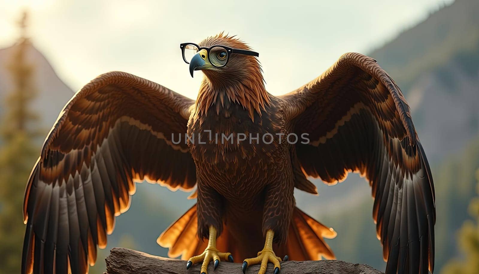 Close-up of a majestic eagle wearing glasses against a mountain landscape. Generated AI.